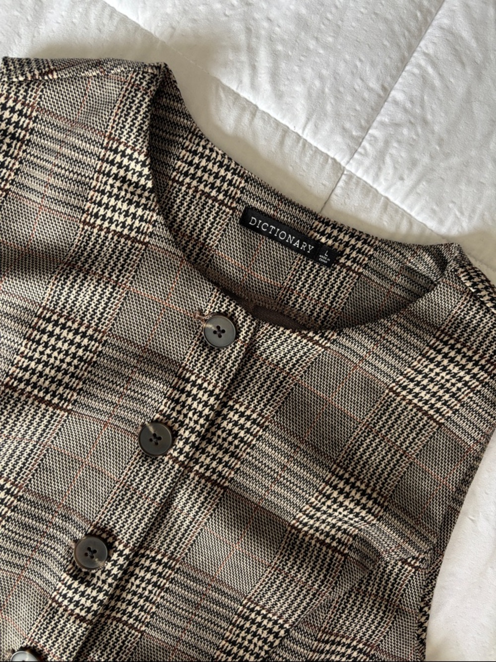 Dictionary Plaid Button-Front Tunic Vest in Brown - Picture 3 of 7